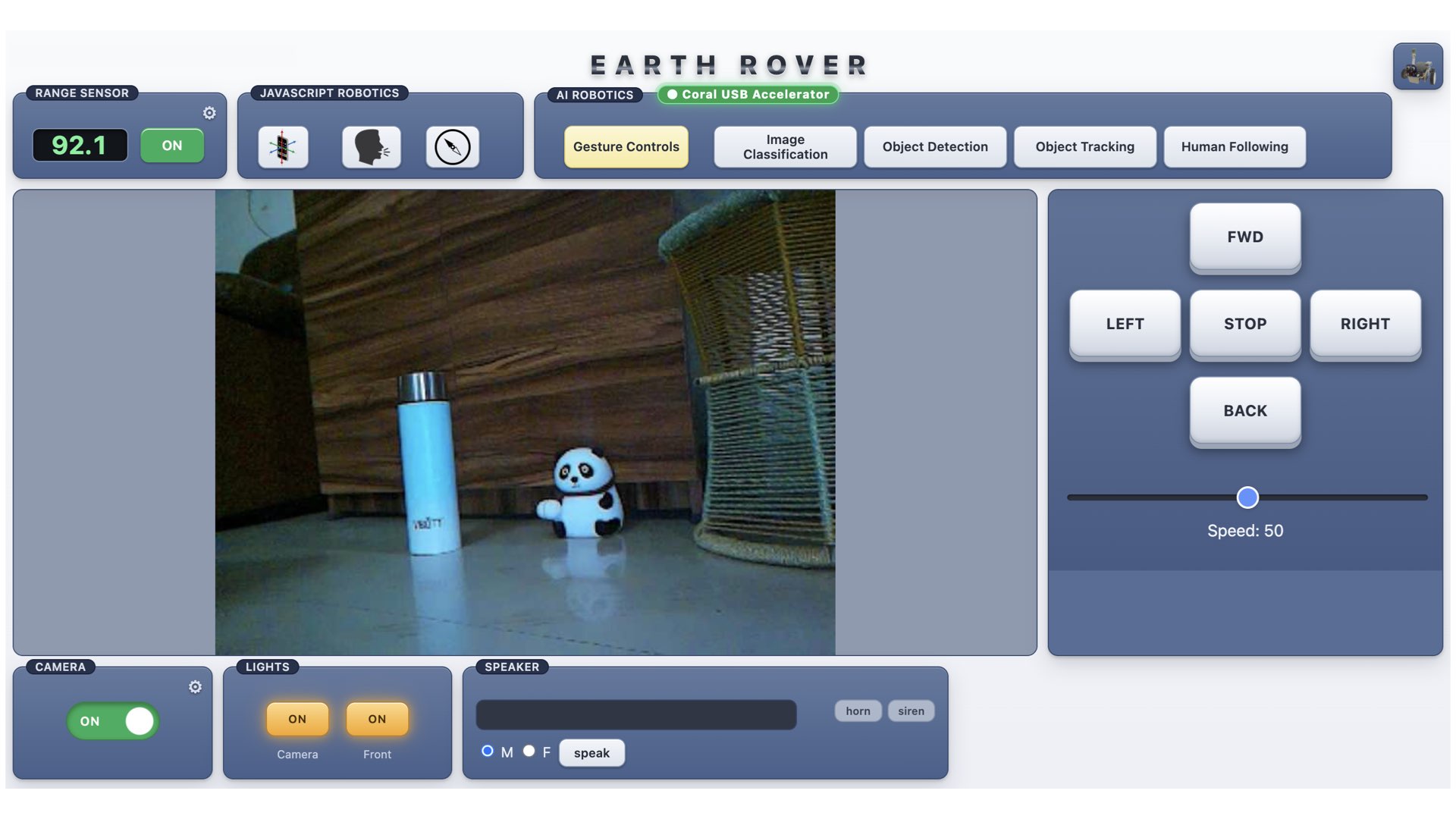 Earthrover robot web control panel showing the live camera feed, direction pad, speed slider, range sensor reading, camera and light switches, and the AI Robotics row with a green Coral USB Accelerator badge