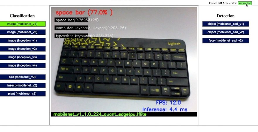 The Model Garden page: a list of classification models on the left and detection models on the right, a camera view of a keyboard classified as space bar 77%, a readout of FPS 12.0 and inference 4.4 ms, and Coral USB Accelerator shown as connected.